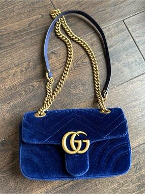 Gucci Velvet Matelasse GG Marmont Shoulder Bag Cobalt Blue Velvet Gold Handbag